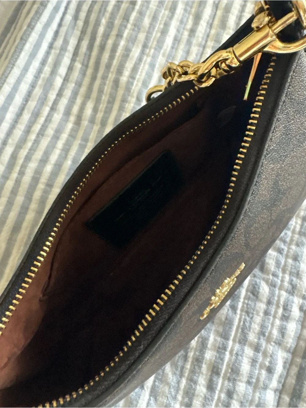 Coach Brown Signature Canvas Shoulder Bag with Gold Hardware